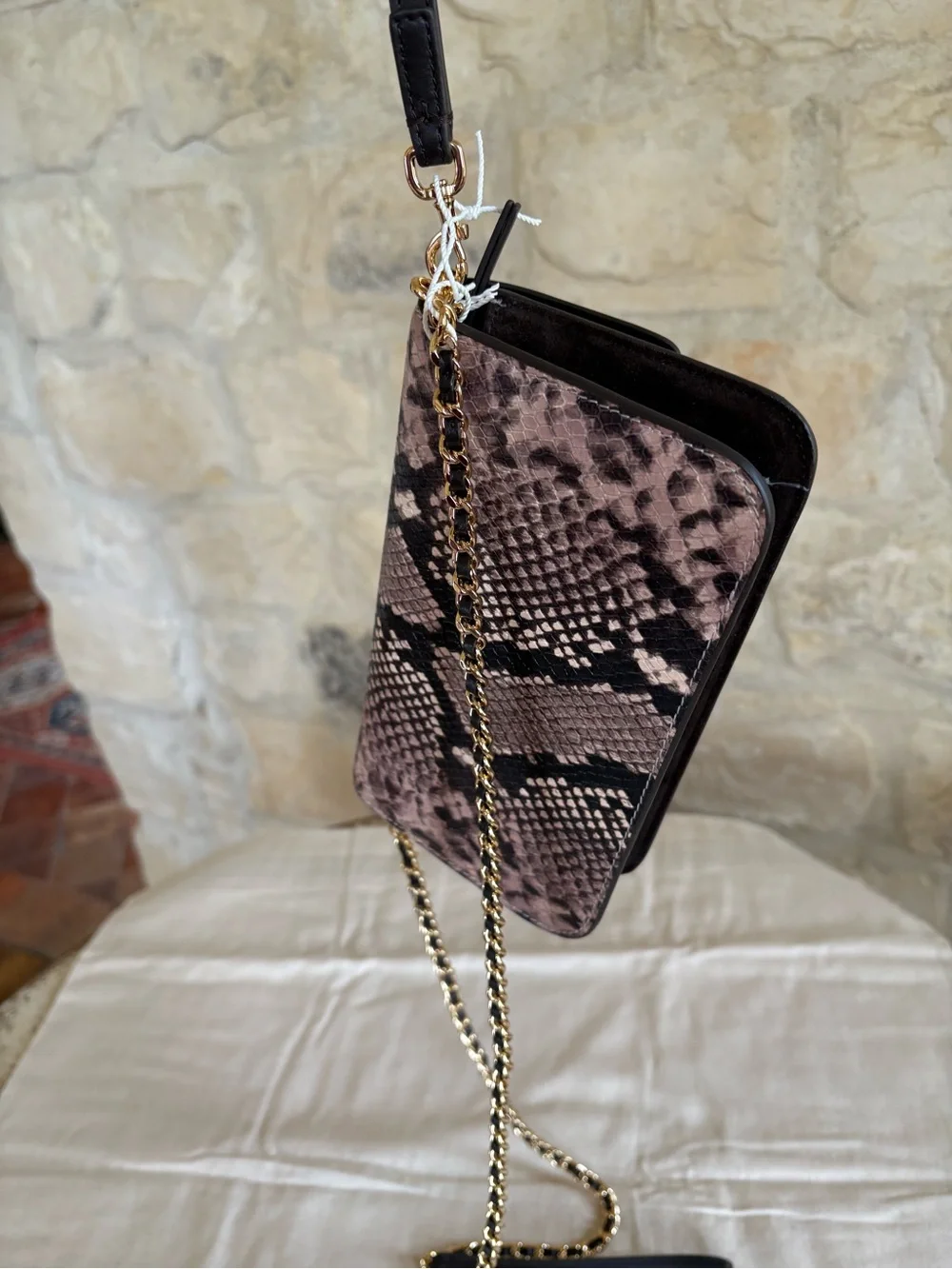 Tory Burch Pink Snake-Print Leather Chain Crossbody with Gold Logo